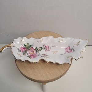 Vintage Leaf Shaped Trinket Candy Nut Dish‎ Porcelain Handpainted #55/1027
